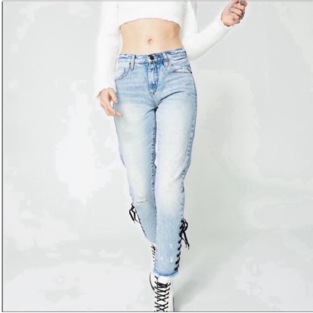 Blank NYC High Rise Top Knot jeans blue denim tapered boyfriend